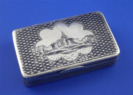 A mid 19th century Russian 84 zolotnik silver and niello snuff box, 2.75in.